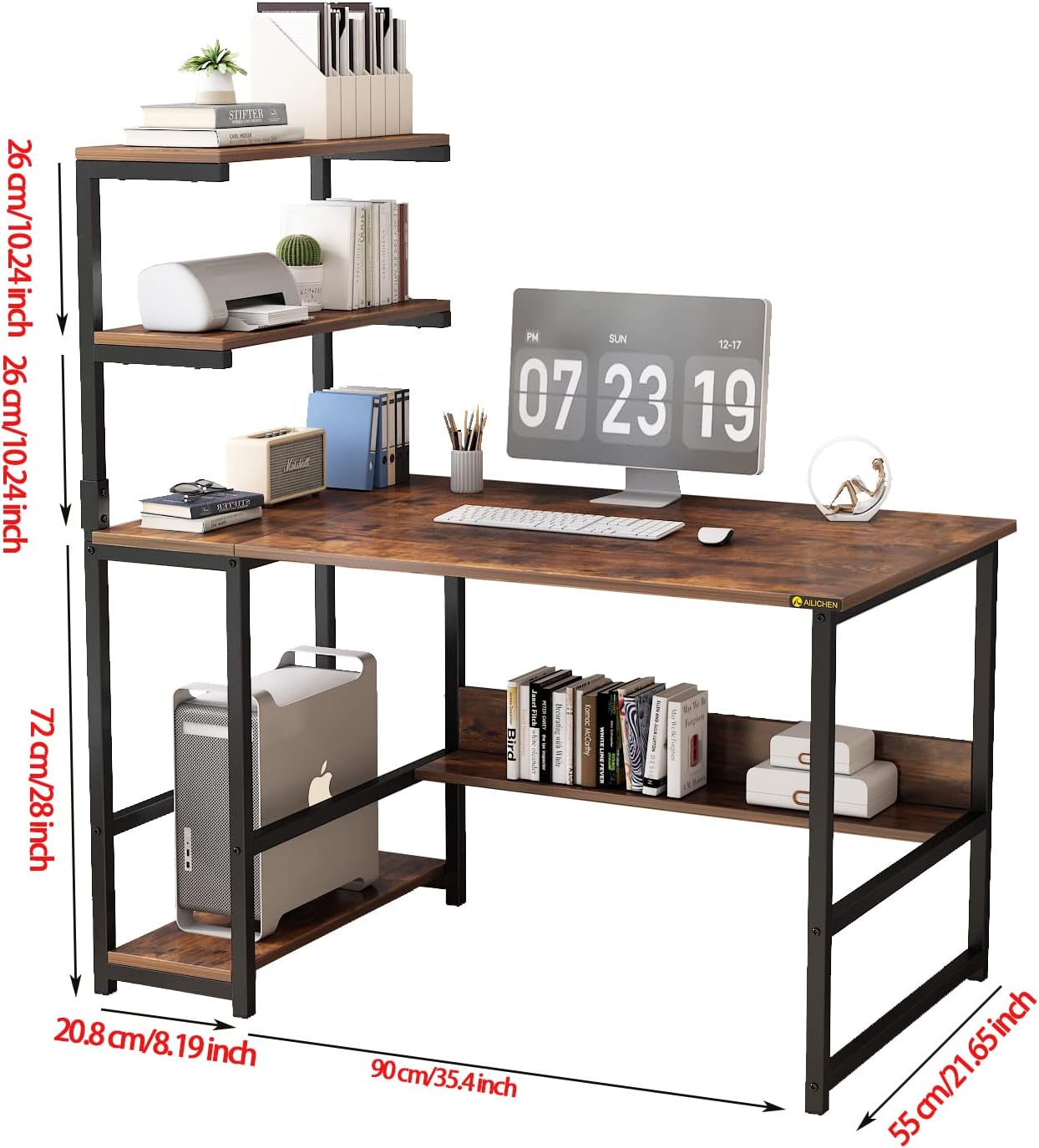 ALISENED Computer Desk with 4-Tier Storage Shelves， 43.3 inch Modern Large Office Desk Computer Table Studying Writing Desk Workstation with Bookshelf and Tower Shelf for Home Office - Image 3